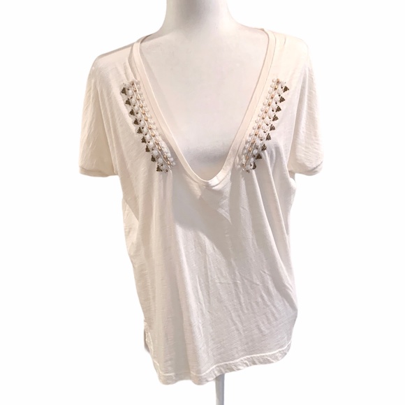 J. Crew Heather Beige Beaded V-neck Tee - Picture 3 of 10
